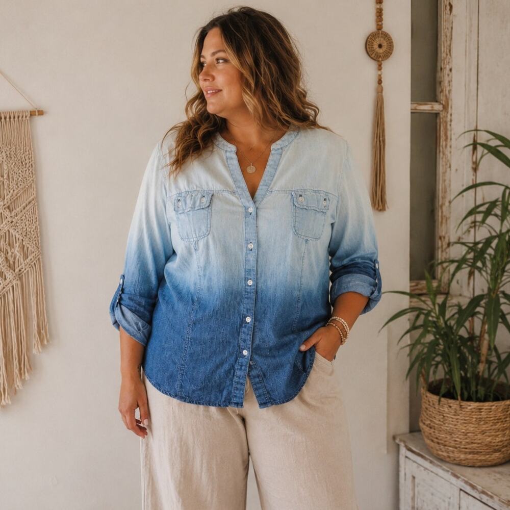Lane Bryant Chambray Button Up Shirt Size 16 Blue Ombre Cotton Boho Casual